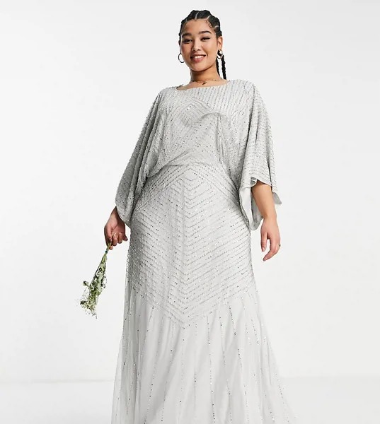 Серое платье макси подружки невесты с очень объемными рукавами Frock and Frill Plus Bridesmaid-Серый