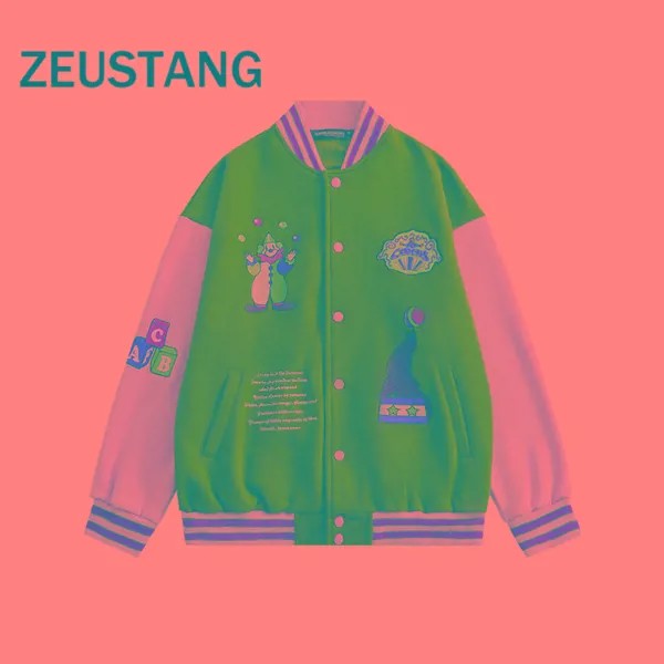 Zeustang куртка уличная одежда бейсбольные куртки с вышитыми сердечками кожаные рукава куртки-бомберы в стиле хип-хоп Модные свободные повседн...