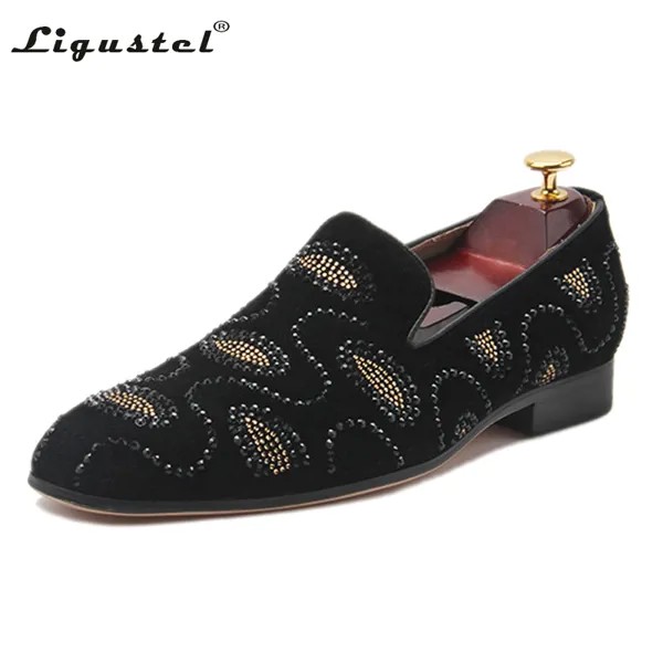 Ligustel Мужская обувь ручной работы стразы роскошные свадебные Лоферы итальянские мужские дизайнерские высококачественные черные Кожаные слипоны