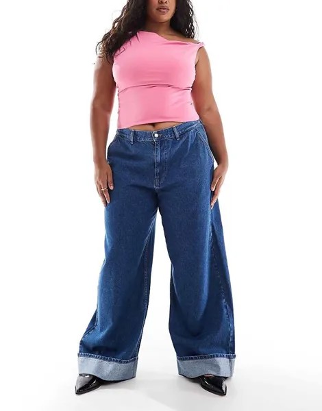 Однотонные синие джинсы с манжетами ASOS DESIGN Curve