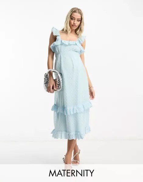 Слегка объемное платье миди с оборками Hope & Ivy Maternity для беременных синего цвета с утиным яйцом