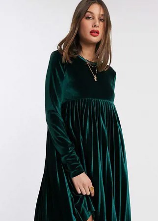 Зеленое свободное бархатное платье мини с длинными рукавами и плиссировкой ASOS DESIGN TALL-Зеленый