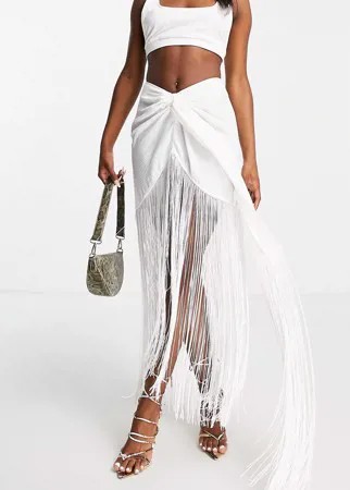 Белая юбка из ткани-имитации льна с запахом и бахромой ASOS DESIGN-Белый