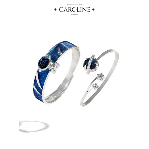 Кольцо Caroline Jewelry, кристалл, эмаль, безразмерное, синий, серебряный
