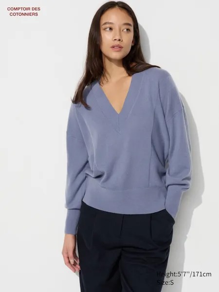 Кашемировый джемпер v-образный вырез Uniqlo, серый