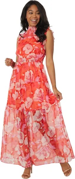 Шифоновое платье макси с цветочным принтом и сборками Vince Camuto, цвет Hot Coral