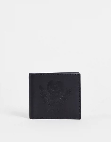 Черный бумажник двойного сложения с тиснением черепа и ночных бабочек Bolongaro Trevor