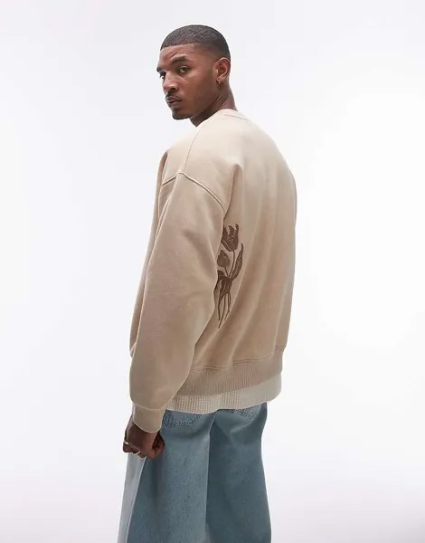 Толстовка оверсайз Topman – цвета камня с цветочной вышивкой спереди и сзади