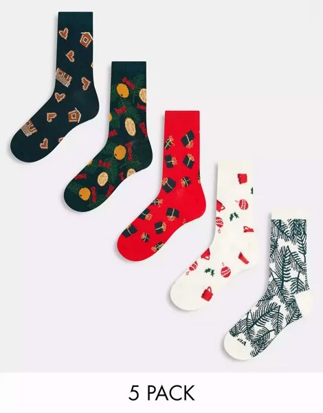 5 пар носков Monki с рождественским принтом зеленого, красного и бежевого цвета