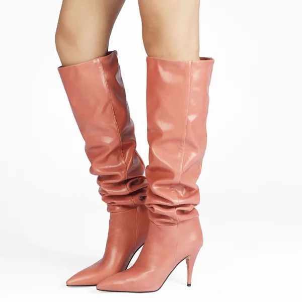 Плиссированные сапоги до колена на блочном каблуке, кожаные женские сапоги с острым носком, однотонная дизайнерская зимняя повседневная обувь, новинка 2023