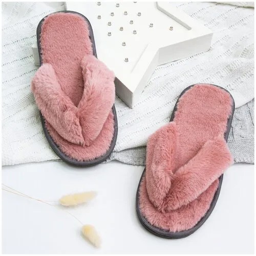 Тапочки женские Мех сланцы AMARO HOME Открытый нос (Пыльная роза) 36-38