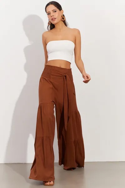 Женские коричневые льняные брюки-палаццо с завышенной талией ÖM166 Cool & Sexy, коричневый