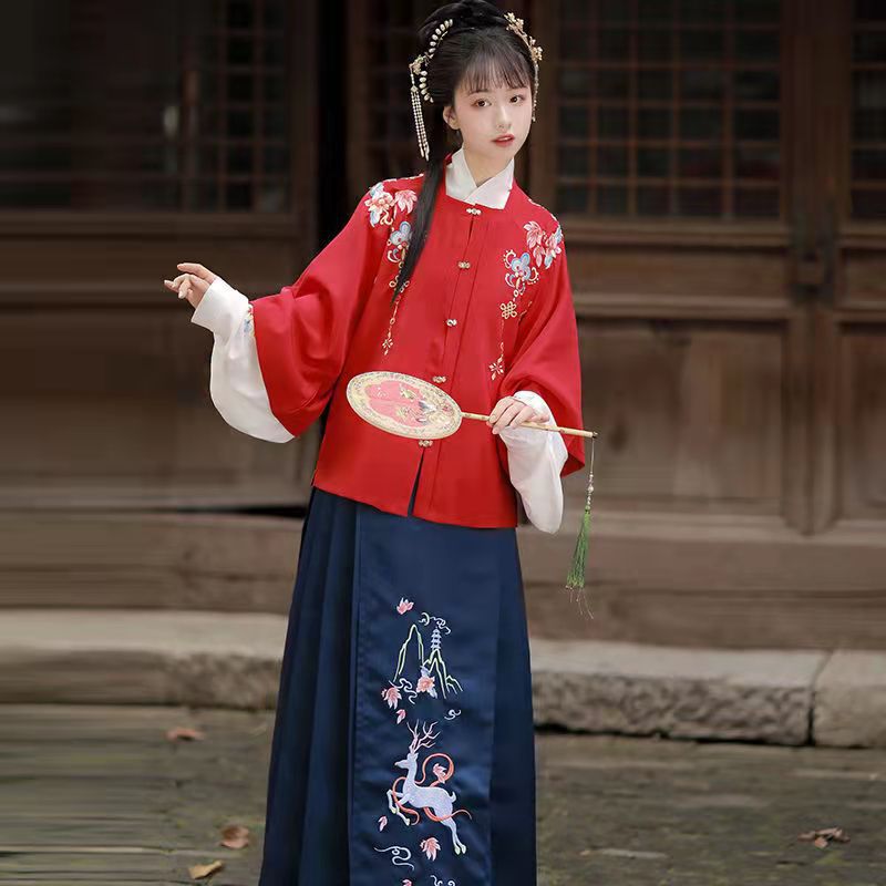 Зимний женский комплект Hanfu с юбкой с изображением лошади, накидка с рукавом Пипа, твидовый пиджак с вышивкой, китайское красное старинное п...