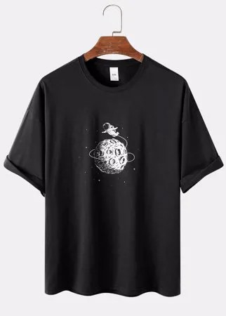Mens 100% Cotton Space Astronaut Graphic Relaxed Short Sleeve T-Shirts