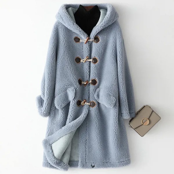 Женское пальто с натуральным мехом, зимнее пальто из овечьей шерсти, с капюшоном и подкладкой из замши, 2020