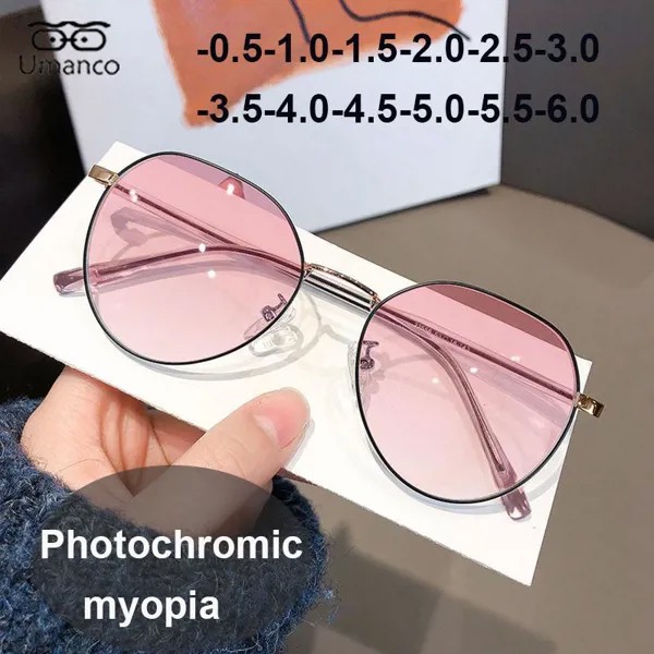 Винтажные круглые фотохромные очки для миопии для женщин синий свет Fliter Anti UV Black Gold Металлические готовые очки по рецепту