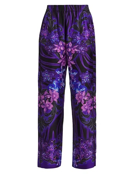 Шелковые пижамные брюки с цветочным принтом Versace, цвет black orchid