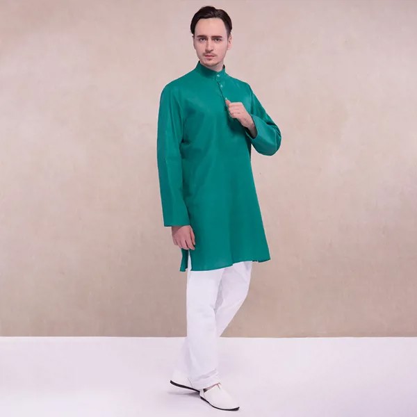 Костюм Курта в этническом южноазиатском стиле для мужчин, зеленая рубашка, белые штаны, индуийская одежда из хлопка, индийская одежда Курта