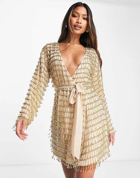 ASOS DESIGN – Короткое золотое платье с запахом и пышной бахромой