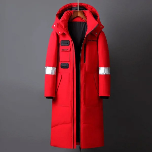 Мужская длинная куртка на утином пуху, черная, красная или белая утепленная куртка с капюшоном, свободный пуховик, зимний сезон