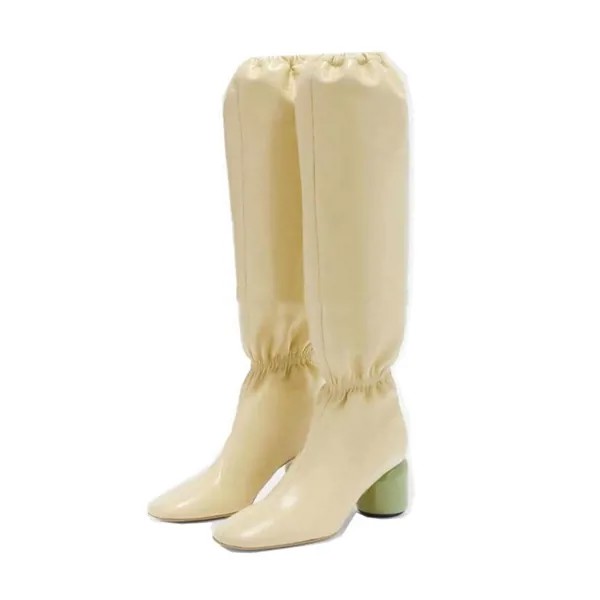 Новинка весна-осень 2022, модные дизайнерские эластичные плиссированные сапоги до колена, кожаная женская обувь на цилиндрическом каблуке для подиума