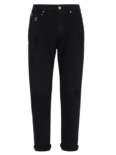 Окрашенные в готовом виде джинсовые брюки с пятью карманами для отдыха и разрывами Brunello Cucinelli, черный