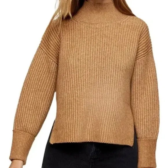 TOPSHOP Светло-коричневый уютный мягкий свитер крупной вязки с воротником-воронкой, размер XL 14US 46EUR