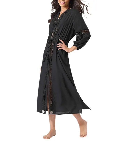 Пляжное накидка для плавания Tommy Bahama Sunlace с завязками на талии и рукавами 3/4 Duster, черный