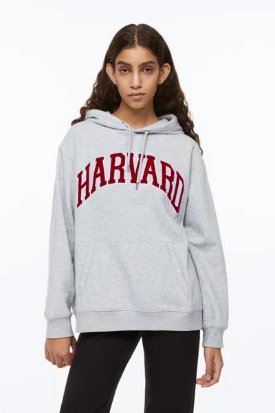 Худи с рисунком H&M, светло-серый меланж/гарвард