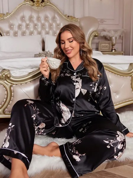 Атласная пижама Luxe Nights с цветочным узором и цветной каймой Shein, черный