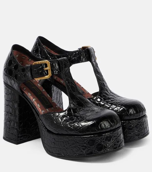 Туфли мэри джейн из кожи с тиснением под крокодила Etro, черный