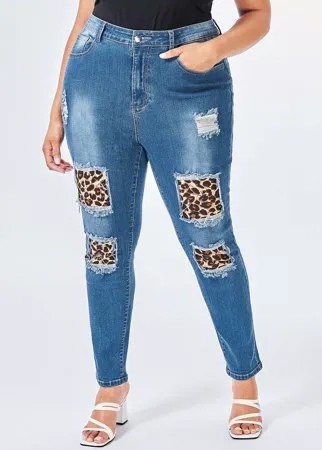 Размера плюс Рваные джинсы скинни с леопардовым принтом заплатка