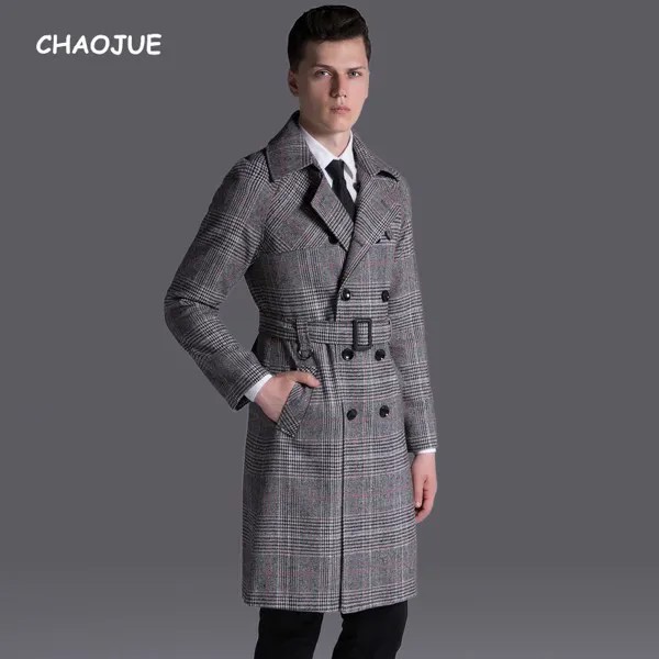 CHAOJUE брендовый винтажный клетчатый Тренч длинный 2018 мужской повседневный двубортный ретро пальто в клетку мужской S-6XL с рукавом реглан