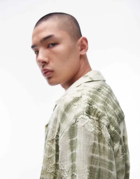 Светло-зеленая рубашка с короткими рукавами Topman – с цветочной вышивкой и узором тай-дай
