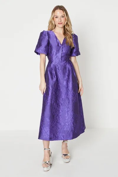 Жаккардовое платье миди с пышными рукавами и пуговицами Oasis, фиолетовый