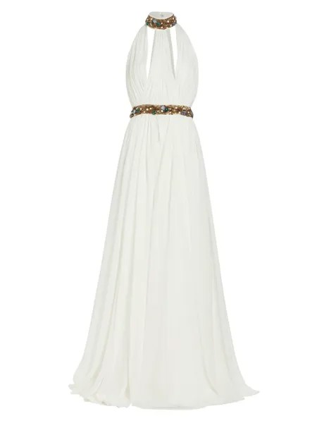 Греческое шифоновое платье с лямкой на шее Reem Acra, кремовый