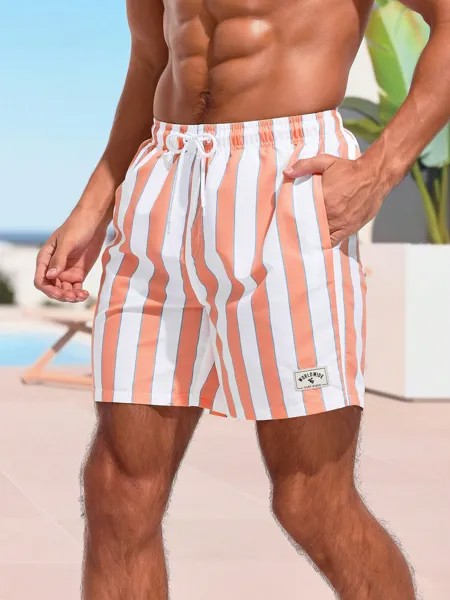 SHEIN Мужские пляжные шорты в полоску с цветными блоками, апельсин