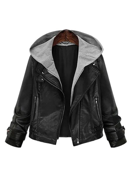 Milanoo Black Leather Jacket Plus Size Long Sleeve Hooded Patchwork Women Moto Jacket