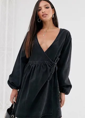 Черное свободное джинсовое платье мини с запахом ASOS DESIGN Tall-Черный