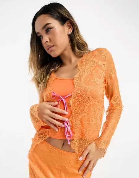 Never Fully Dressed – топ из кружева оранжевого цвета с контрастной шнуровкой, комбинированная деталь