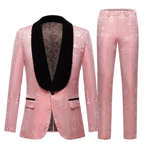 Новинка, роскошный мужской свадебный костюм для жениха из двух предметов, черного и розового цветов, смокинг, облегающий жаккардовый пиджак...