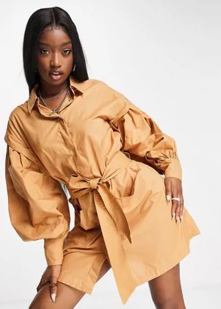 Светло-коричневое платье-рубашка с рукавами со складками и поясом ASOS DESIGN-Коричневый цвет
