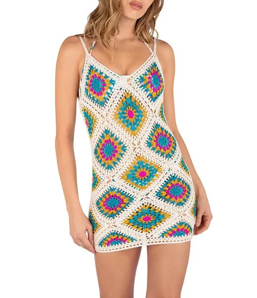 Мини-вязанное приталенное платье с V-образным вырезом и бриллиантами Hurley Crochet, мультиколор