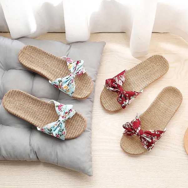 Женщины Дамы Богемия тапочки Декор с Bowknot льняное белье Флип Флопс Пляж обувь сандалии