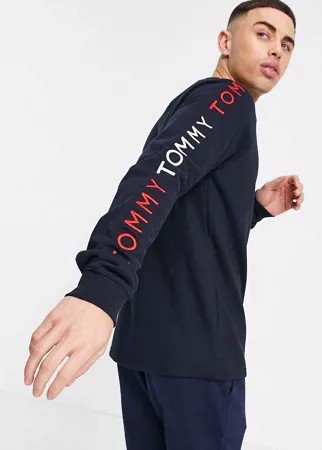 Темно-синий лонгслив для дома с логотипом на рукаве Tommy Hilfiger
