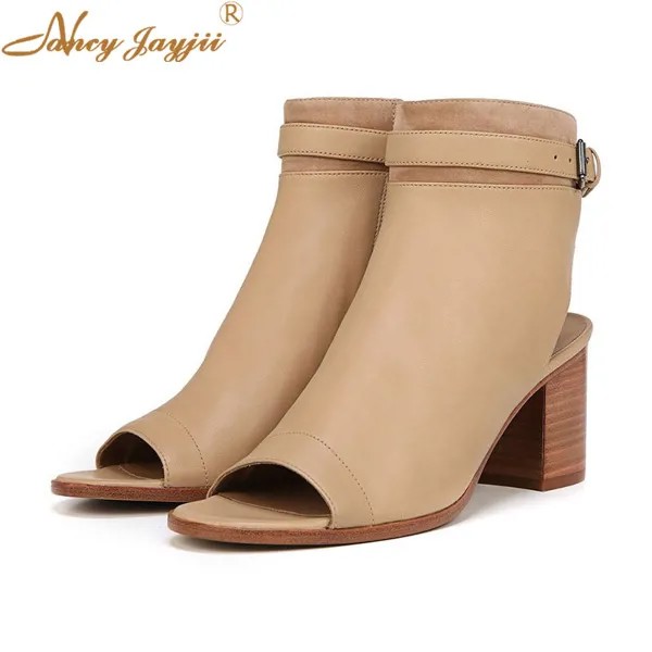Nancyjayjii хаки однотонные с открытым носком пробка на массивном каблуке женские летние сапоги 2022 кожаные ботинки с ремешком на молнии сбоку