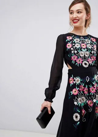 Платье с длинными рукавами и вышивкой Frock & Frill-Черный