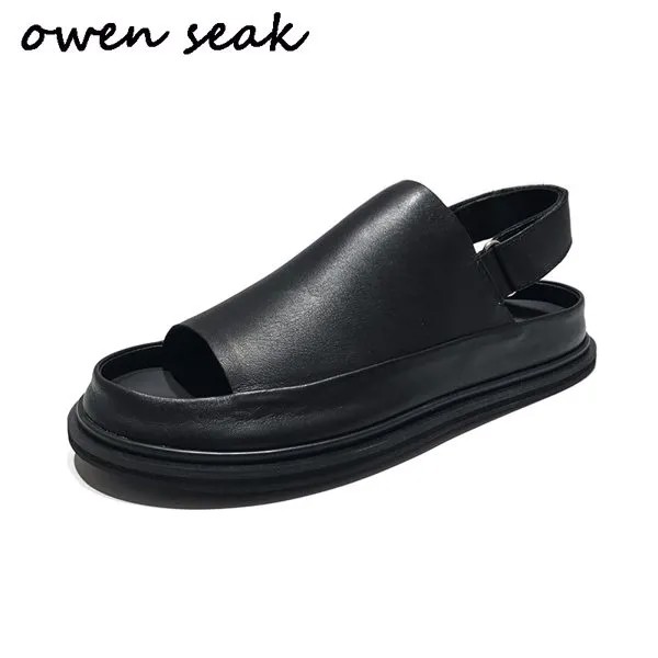 Новинка 2018, мужские римские сандалии-гладиааты Owen Seak, обувь, шлепанцы, роскошные кожаные сандалии для тренировок с ремешком и пряжкой, черные
