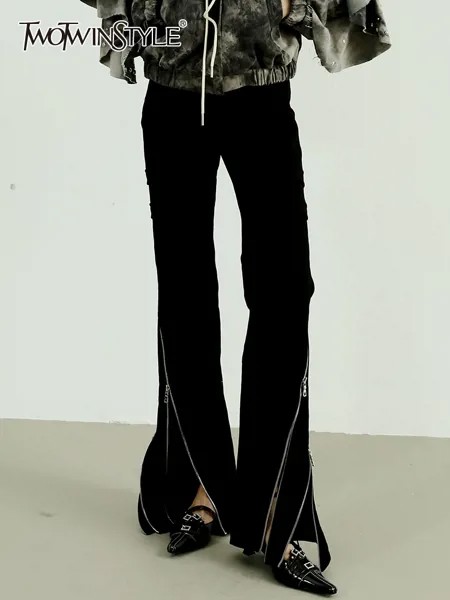 TWOTWINSTYLE, минималистичные лоскутные джинсы на молнии для женщин, высокая талия, соблазнительные расклешенные брюки, женская осенняя одежда, осень 2023