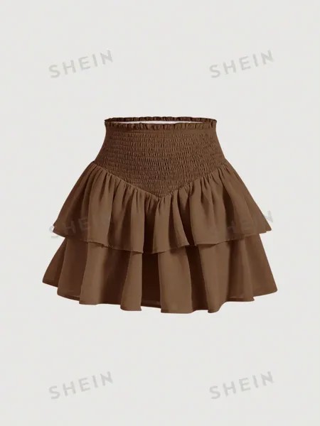 SHEIN MOD SHEIN MOD женская двухслойная мини-юбка с асимметричным подолом и рюшами и присборенной талией, коричневый